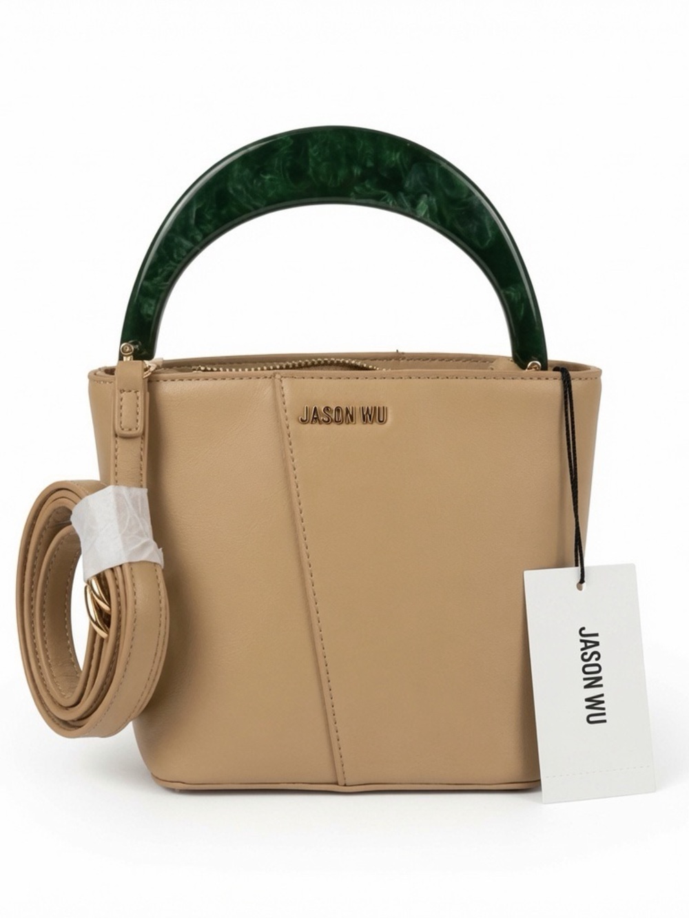 Jason Wu Small Smooth PU Tote Acrylic Top Handle Crossbody Bag Tan Green NWT